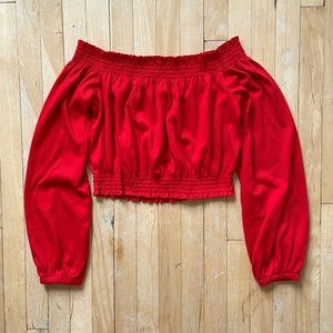 H&M Red Gauze Cottage Milkmaid Off Shoulder Long Sleeve Crop Top Medium